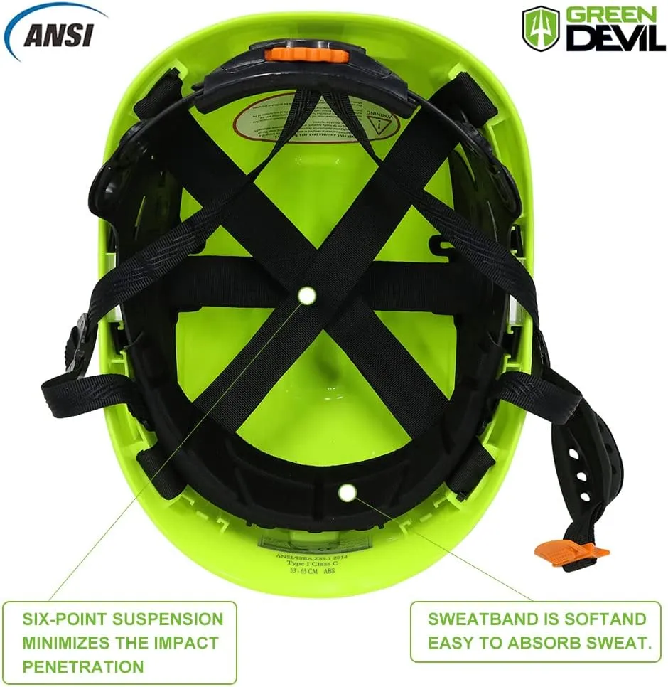 GREEN DEVIL Safety Helmet Hard Hat Adjustable Lightweight Vented ABS Work Helmet 6-Point Suspension ANSI Z89.1 Approved Ideal for Industrial & Construction