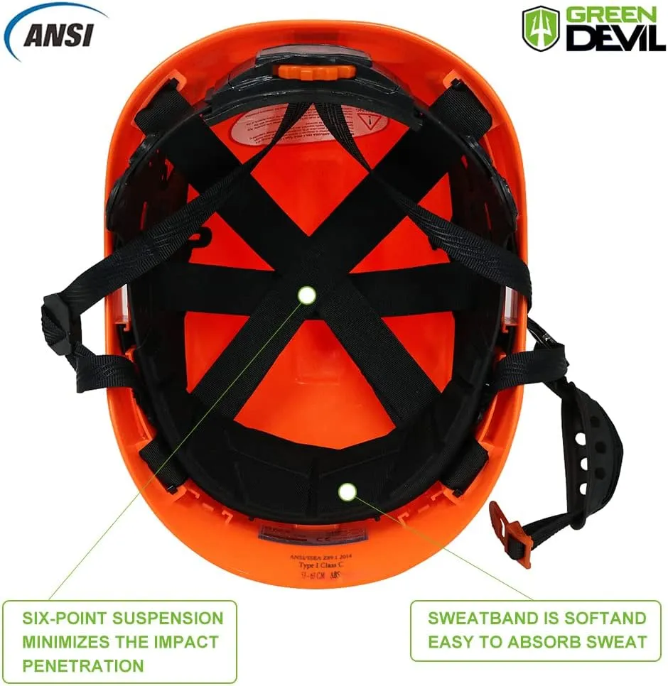 GREEN DEVIL Safety Helmet Hard Hat Adjustable Lightweight Vented ABS Work Helmet 6-Point Suspension ANSI Z89.1 Approved Ideal for Industrial & Construction