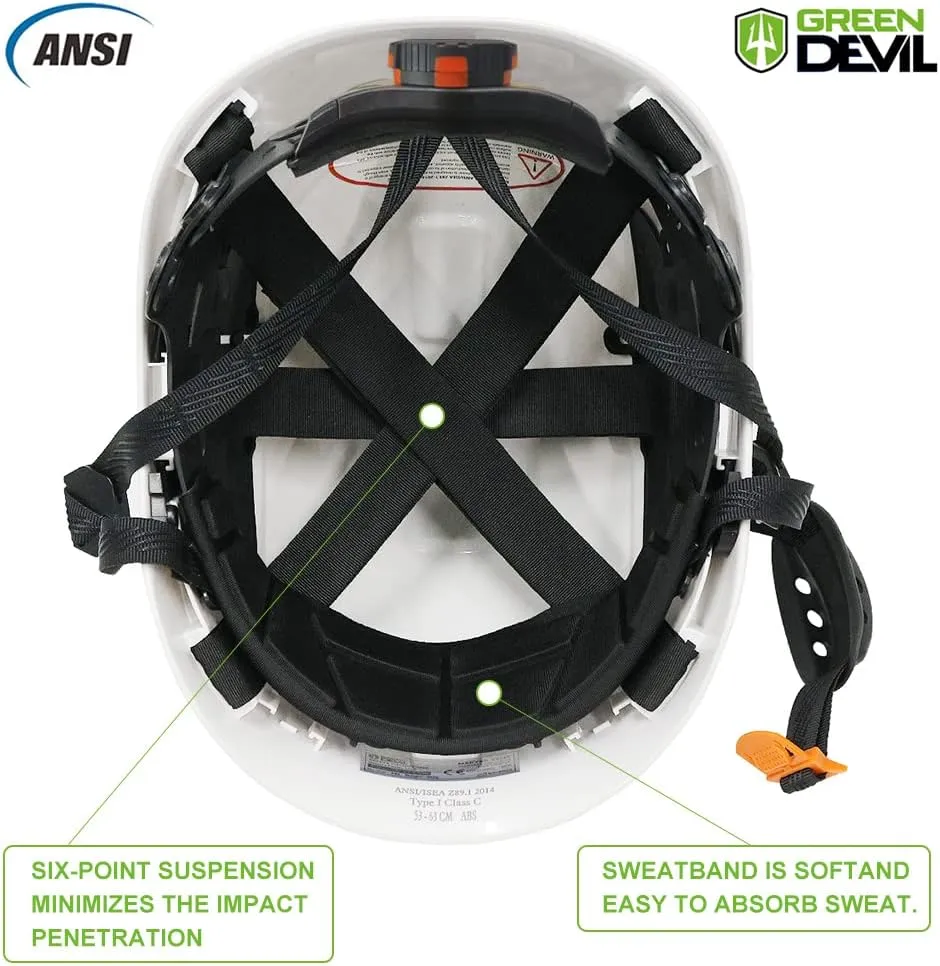 GREEN DEVIL Safety Helmet Hard Hat Adjustable Lightweight Vented ABS Work Helmet 6-Point Suspension ANSI Z89.1 Approved Ideal for Industrial & Construction