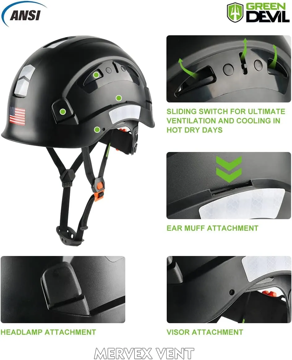 GREEN DEVIL Safety Helmet Hard Hat Adjustable Lightweight Vented ABS Work Helmet 6-Point Suspension ANSI Z89.1 Approved Ideal for Industrial & Construction