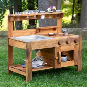 Guidecraft Acadia Kids' Outdoor Mud Kitchen Playset - Pretend Play Kitchen with Sink, Stove, and Accessories | Wooden Backyard Playset | Outdoor Play Furniture for Kids | Outdoor Toddler Activities