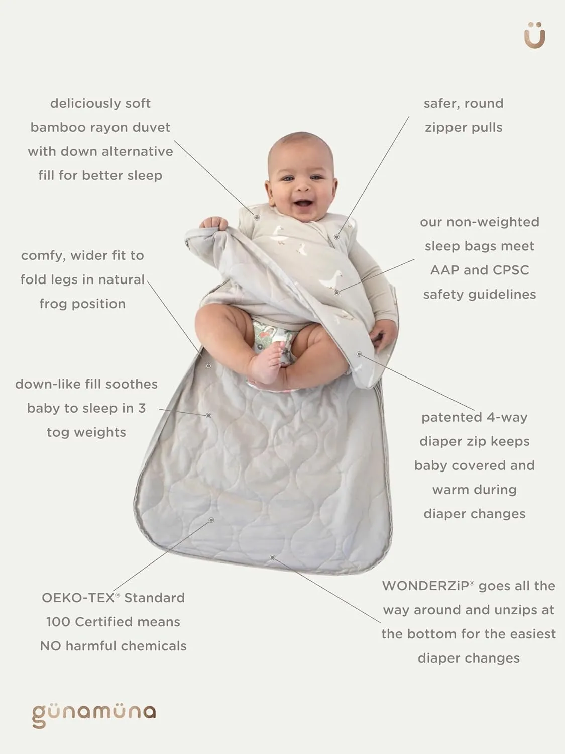 GUNAMUNA Unisex Baby Long-Sleeve Wearable Sleep Bag, 1.0 TOG, Soft Rayon, Easy Diaper Changes, Style 2701