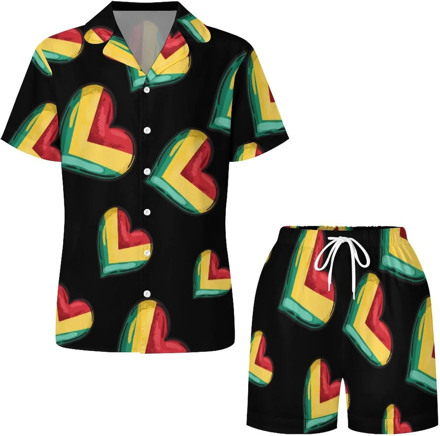 Guyanese Flag Heart Women's Satin Pajama Set Short Sleeve Button Down Sleepwear Loungewear Pj Set