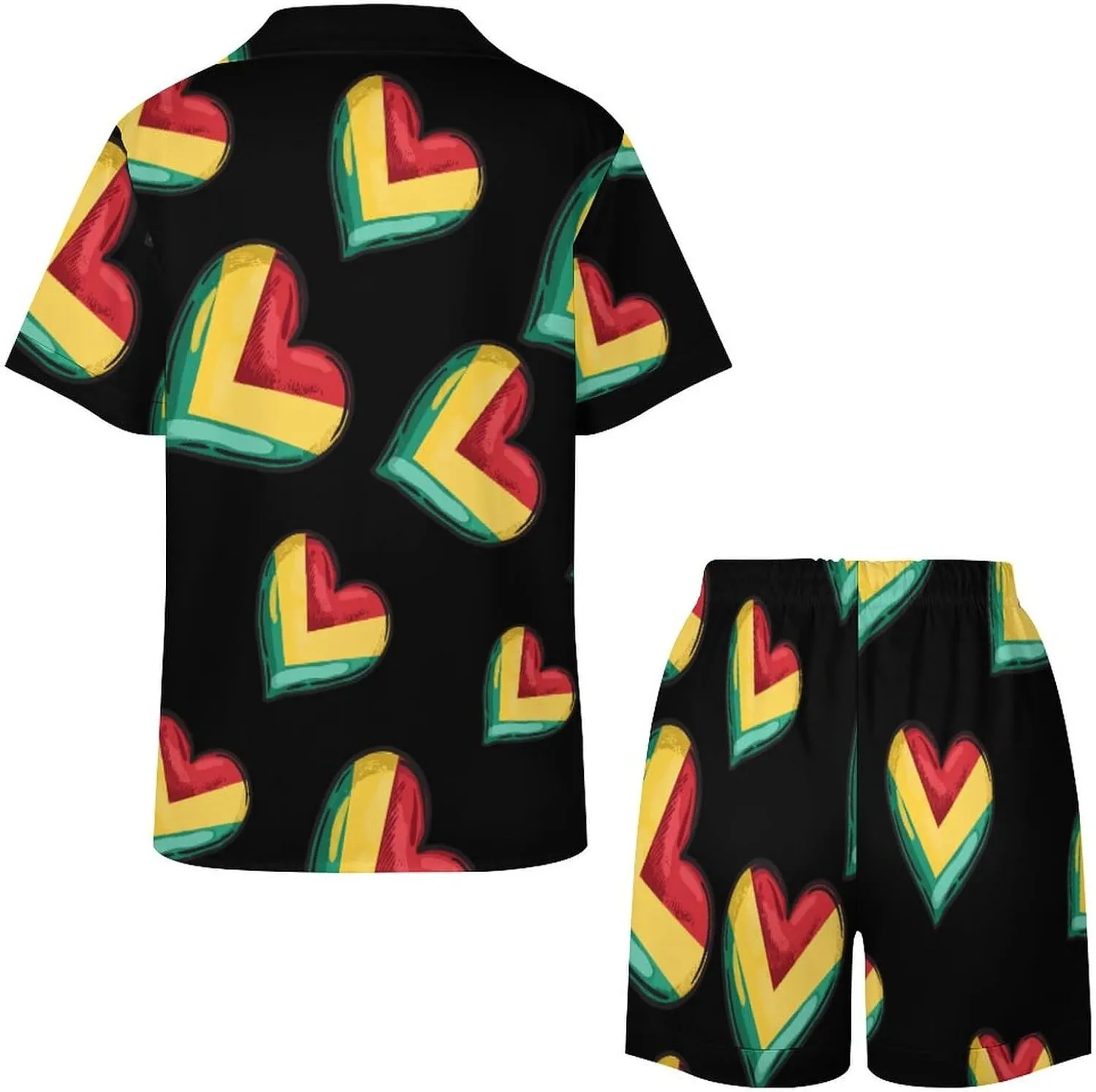 Guyanese Flag Heart Women's Satin Pajama Set Short Sleeve Button Down Sleepwear Loungewear Pj Set