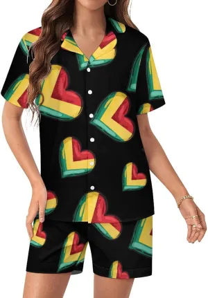 Guyanese Flag Heart Women's Satin Pajama Set Short Sleeve Button Down Sleepwear Loungewear Pj Set