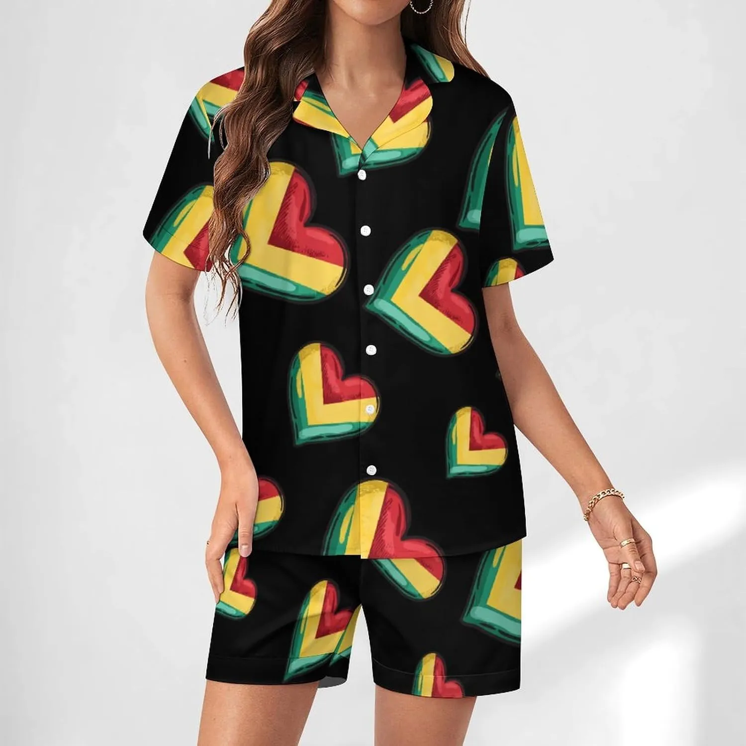 Guyanese Flag Heart Women's Satin Pajama Set Short Sleeve Button Down Sleepwear Loungewear Pj Set