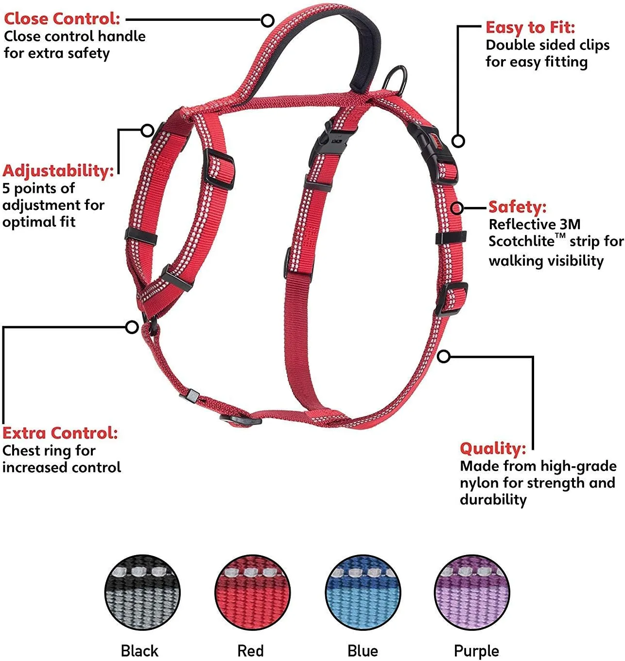 HALTI Walking Harness - Lightweight Dog Harness with Handle, Reflective & Adjustable, Ideal for Puppy Walks, Suitable for Large Dogs and Puppies (Size L, Red)