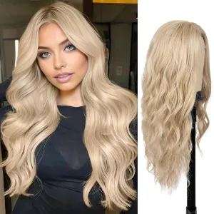 Haoland 613 Blonde Wigs for Women Lace Hairline Long Blonde Wigs, Middle Part Long Curly Wig Heat Resistant Synthetic Hair Looking Natural, Fiber Wig for Daily Party Use