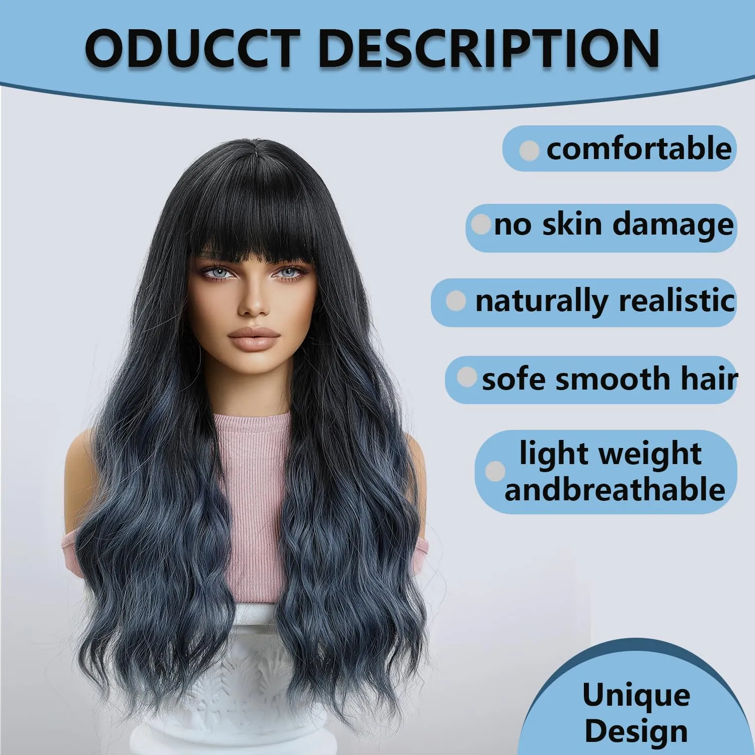 Haoland Blue Wig 26 Inch Long Wavy Wigs for Women, Black Gradient Blue Synthetic Hair Wavy Wig With Bang, Natural Hair Wig for Daily Party Cosplay