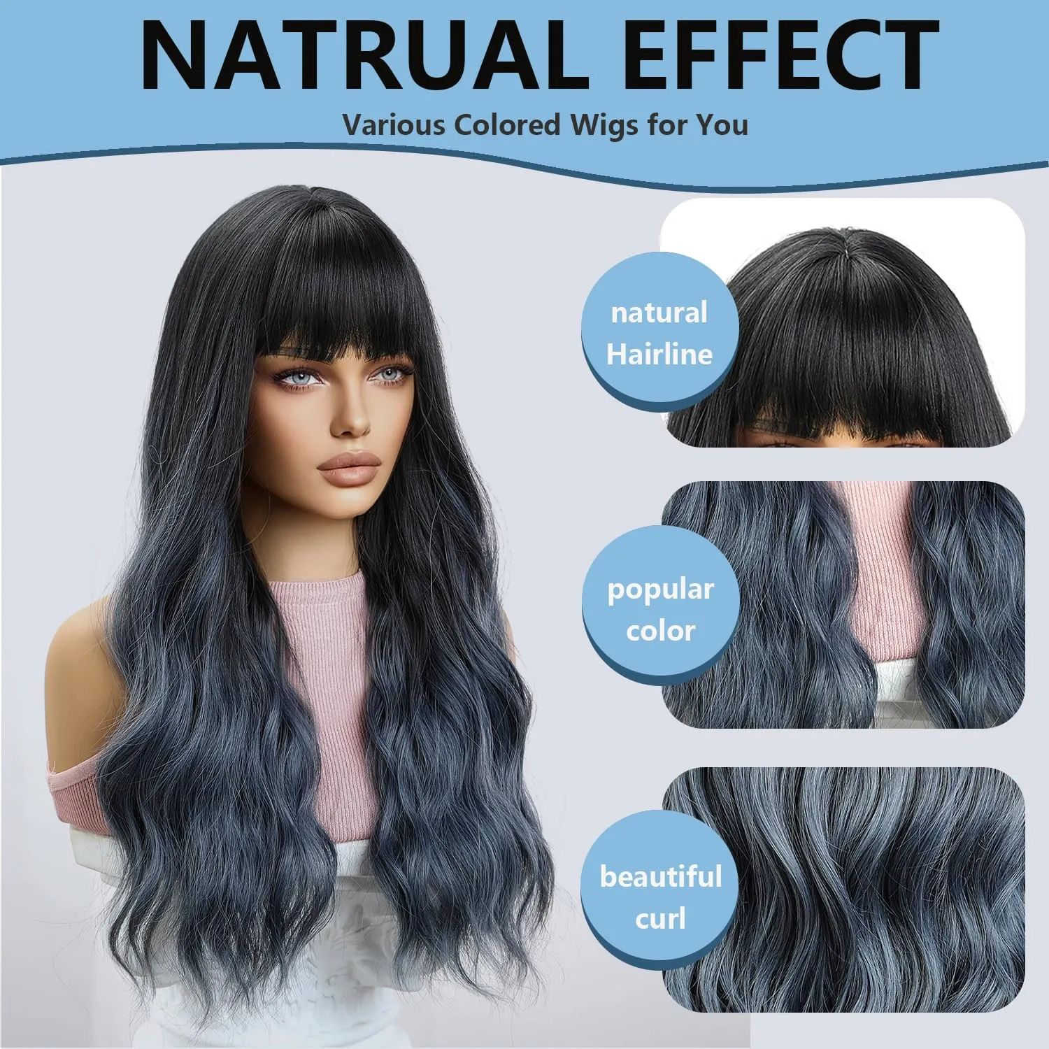 Haoland Blue Wig 26 Inch Long Wavy Wigs for Women, Black Gradient Blue Synthetic Hair Wavy Wig With Bang, Natural Hair Wig for Daily Party Cosplay