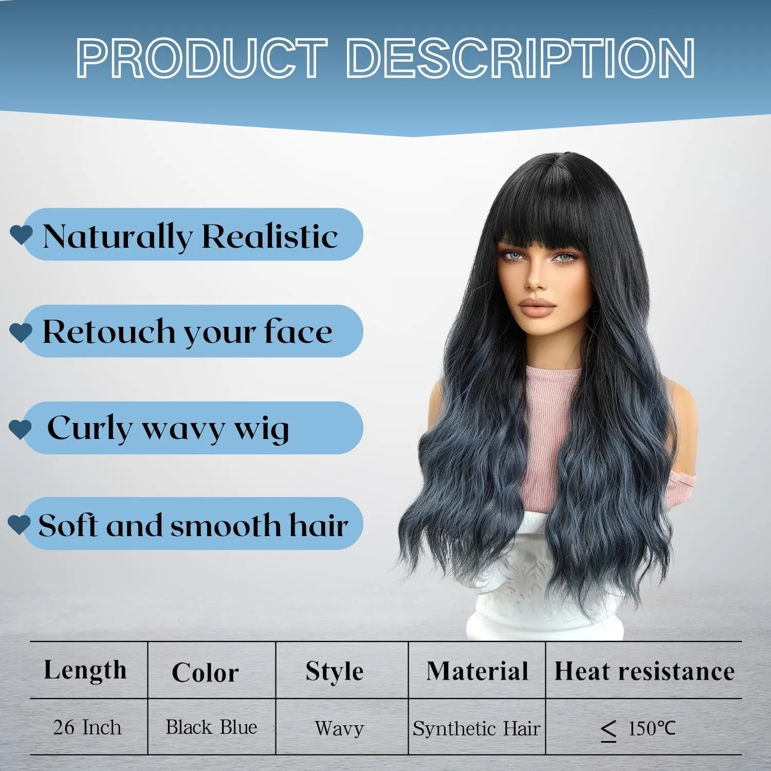 Haoland Blue Wig 26 Inch Long Wavy Wigs for Women, Black Gradient Blue Synthetic Hair Wavy Wig With Bang, Natural Hair Wig for Daily Party Cosplay