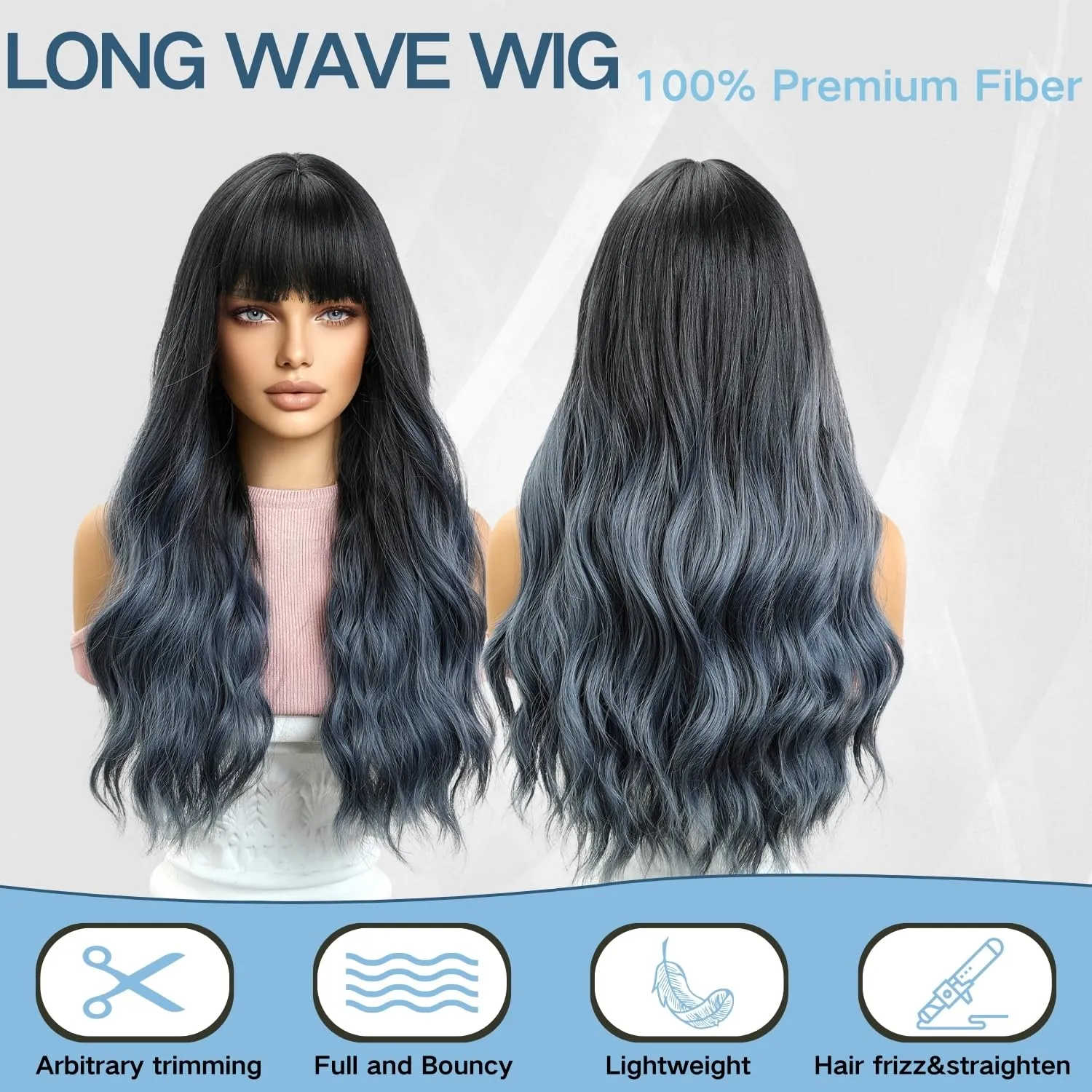 Haoland Blue Wig 26 Inch Long Wavy Wigs for Women, Black Gradient Blue Synthetic Hair Wavy Wig With Bang, Natural Hair Wig for Daily Party Cosplay
