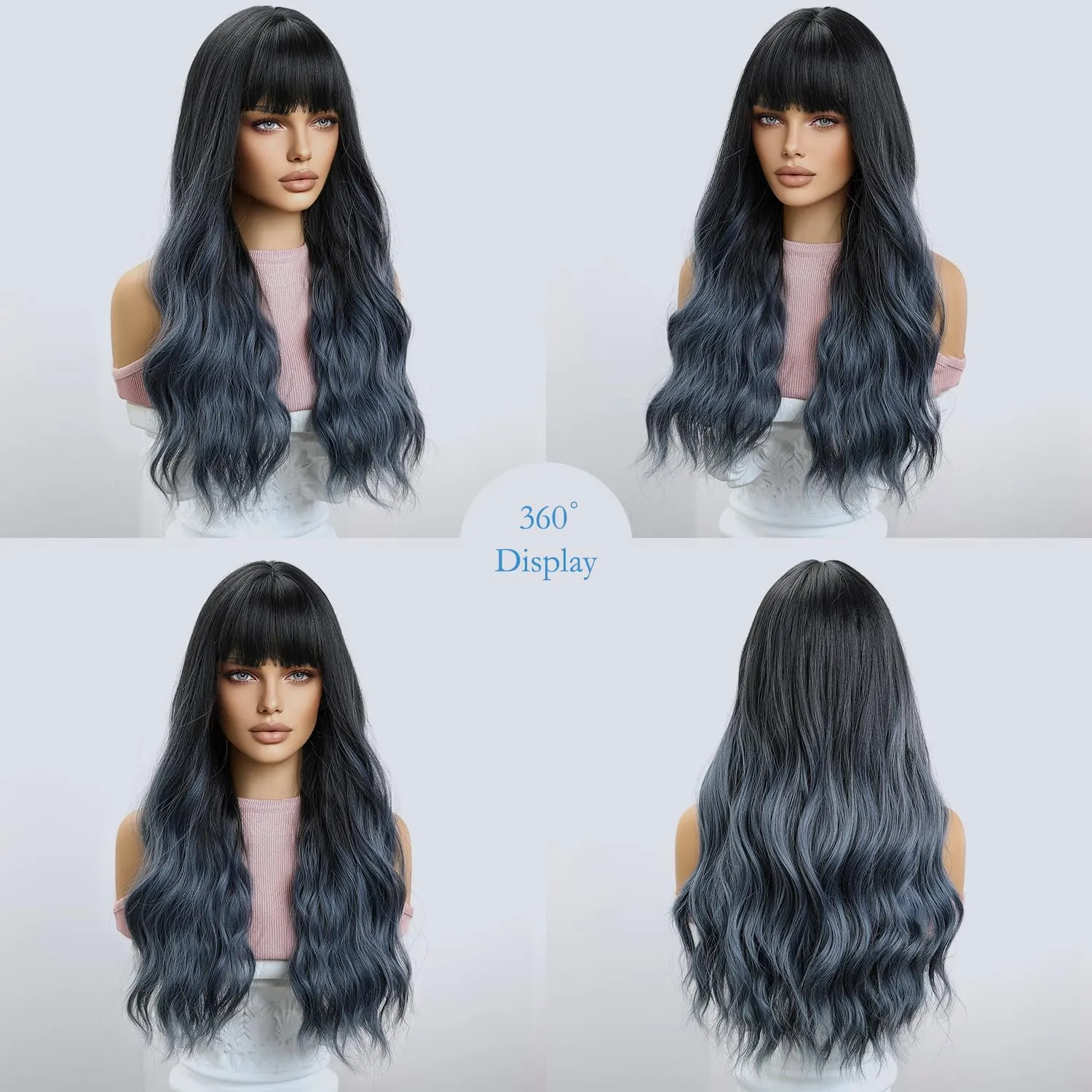 Haoland Blue Wig 26 Inch Long Wavy Wigs for Women, Black Gradient Blue Synthetic Hair Wavy Wig With Bang, Natural Hair Wig for Daily Party Cosplay