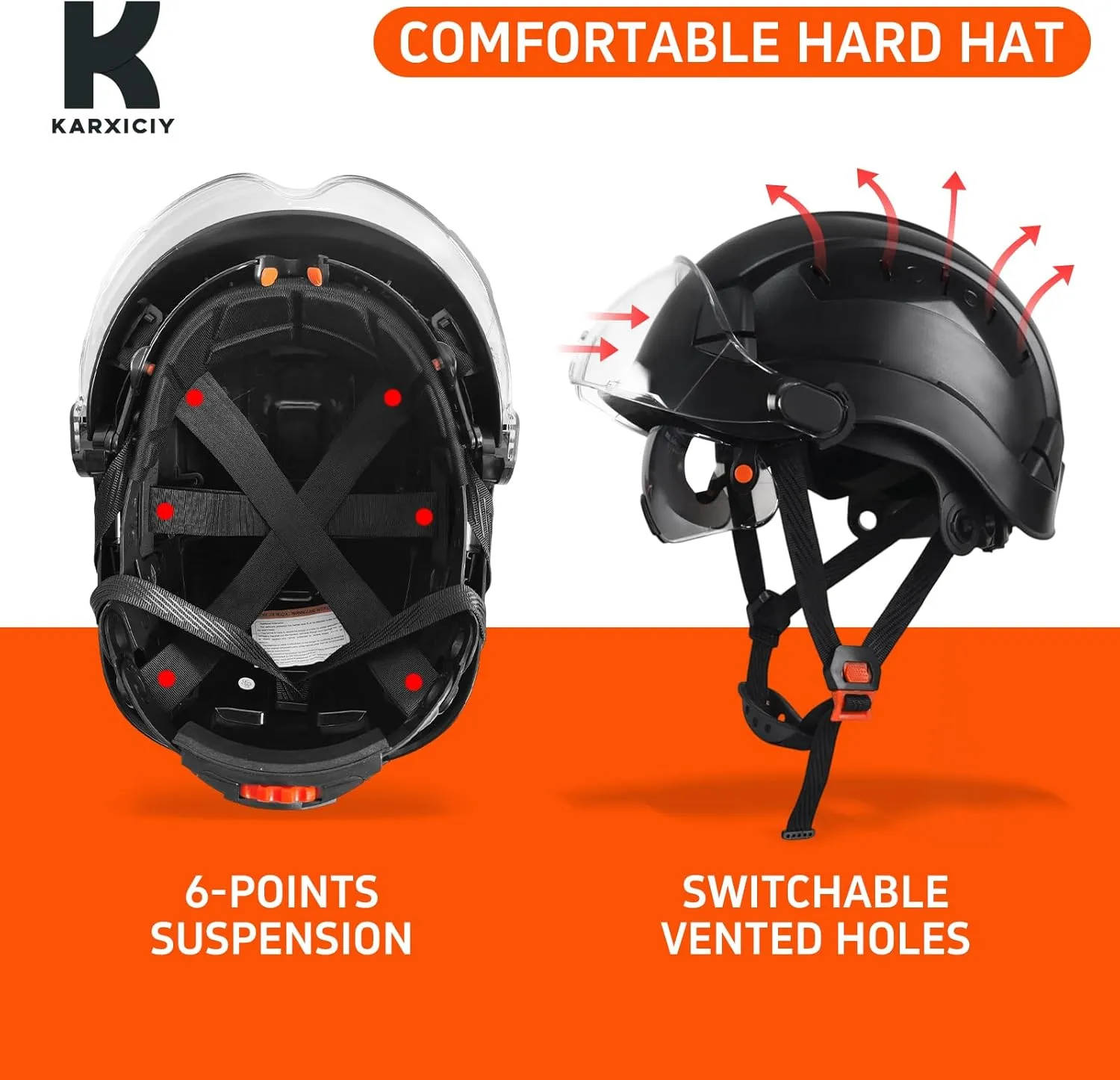Hard Hat with Visor Safety Helmet with Chin Strap and 2 Sweatbands Adjustable Construction Helmet with 6-Point Suspension Build-in Vented Hard Hat for Climbing Cycling Type I Class C(Black)