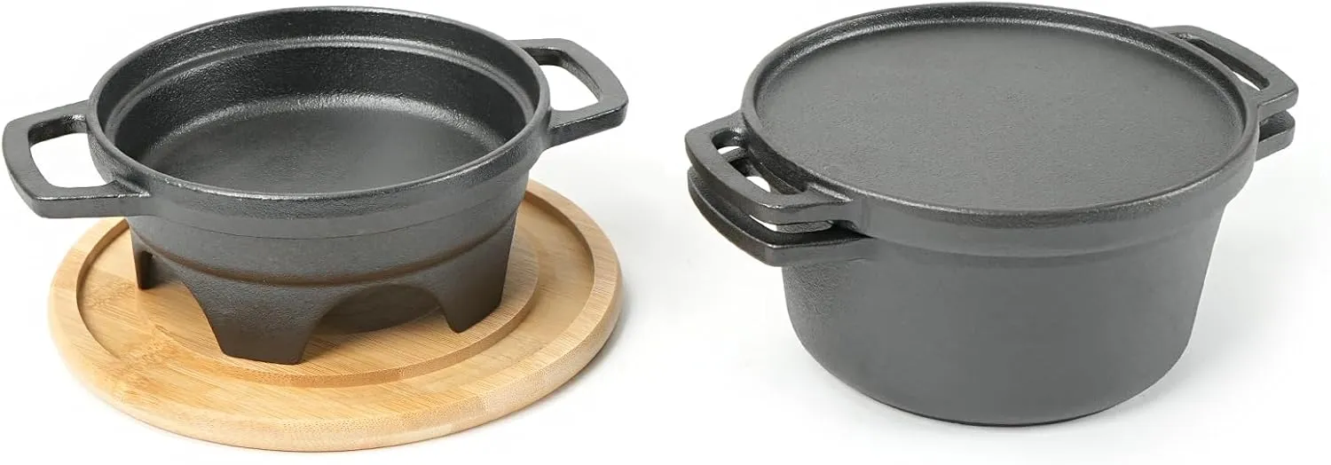 HAWOK 6 Piece Stove Set, Potable Cast Iron Charcoal Grill Stove with 1QT Dutch Oven, with Multipurpose Lid, Five-Leg Buffet Tray, Multipurpose Mini BBQ Stove Set