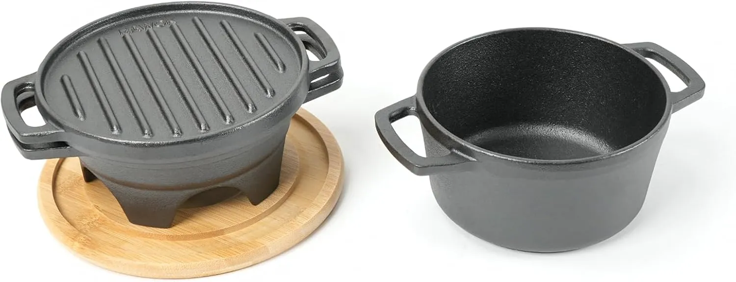HAWOK 6 Piece Stove Set, Potable Cast Iron Charcoal Grill Stove with 1QT Dutch Oven, with Multipurpose Lid, Five-Leg Buffet Tray, Multipurpose Mini BBQ Stove Set