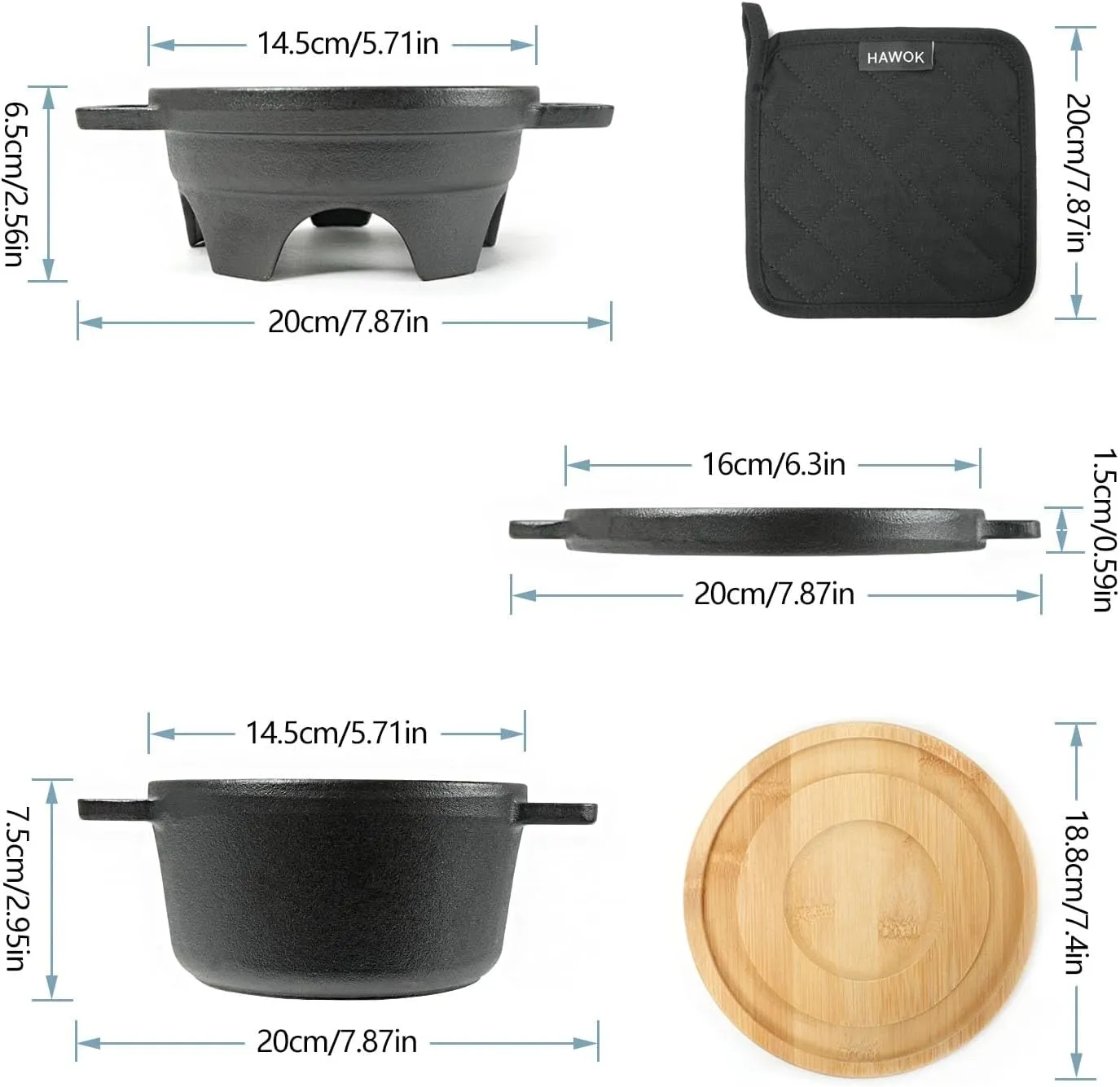 HAWOK 6 Piece Stove Set, Potable Cast Iron Charcoal Grill Stove with 1QT Dutch Oven, with Multipurpose Lid, Five-Leg Buffet Tray, Multipurpose Mini BBQ Stove Set