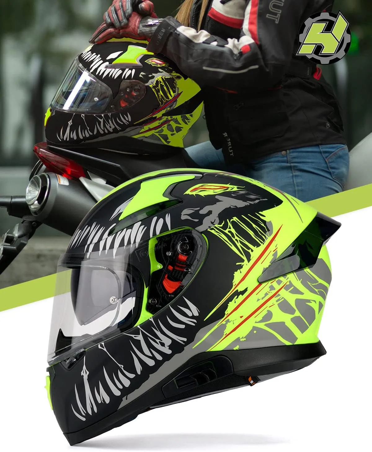 HAX Full Face Motorcycle DOT Approved Helmet with Dual Rear Wing and Pinlock Ready - Lightweight and Durable Motorbike Street Bike Helmet for Adults (Impulse Devour Yellow,M)