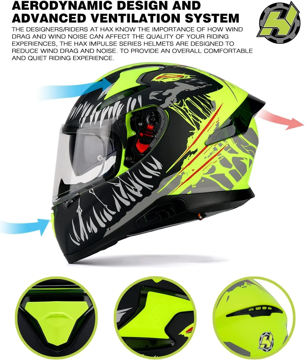 HAX Full Face Motorcycle DOT Approved Helmet with Dual Rear Wing and Pinlock Ready - Lightweight and Durable Motorbike Street Bike Helmet for Adults (Impulse Devour Yellow,M)