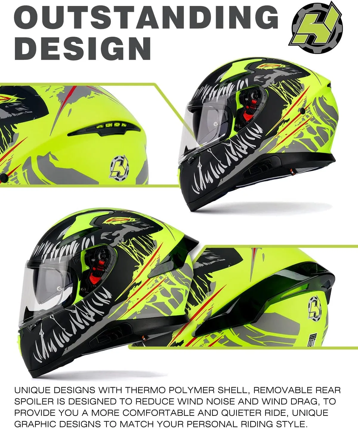 HAX Full Face Motorcycle DOT Approved Helmet with Dual Rear Wing and Pinlock Ready - Lightweight and Durable Motorbike Street Bike Helmet for Adults (Impulse Devour Yellow,M)