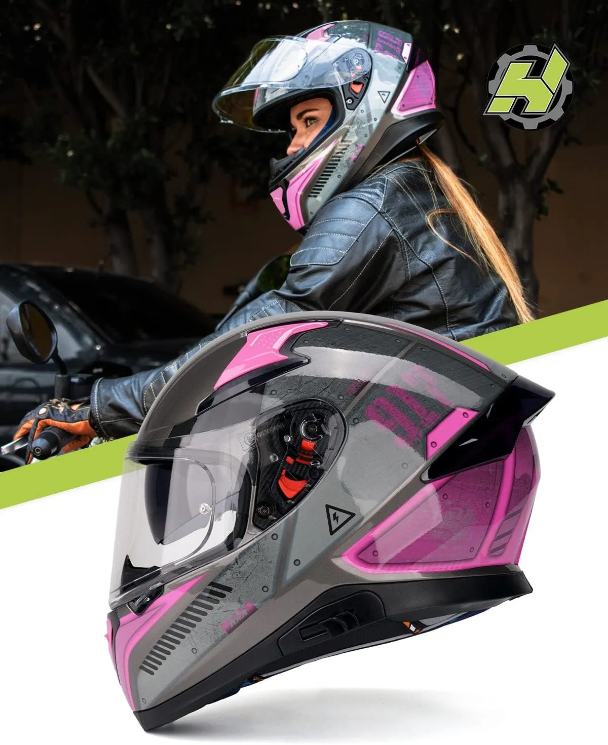 HAX Full Face Motorcycle DOT Approved Helmet with Dual Rear Wing and Pinlock Ready - Lightweight and Durable Motorbike Street Bike Helmet for Adults (Impulse Droid Pink,M)