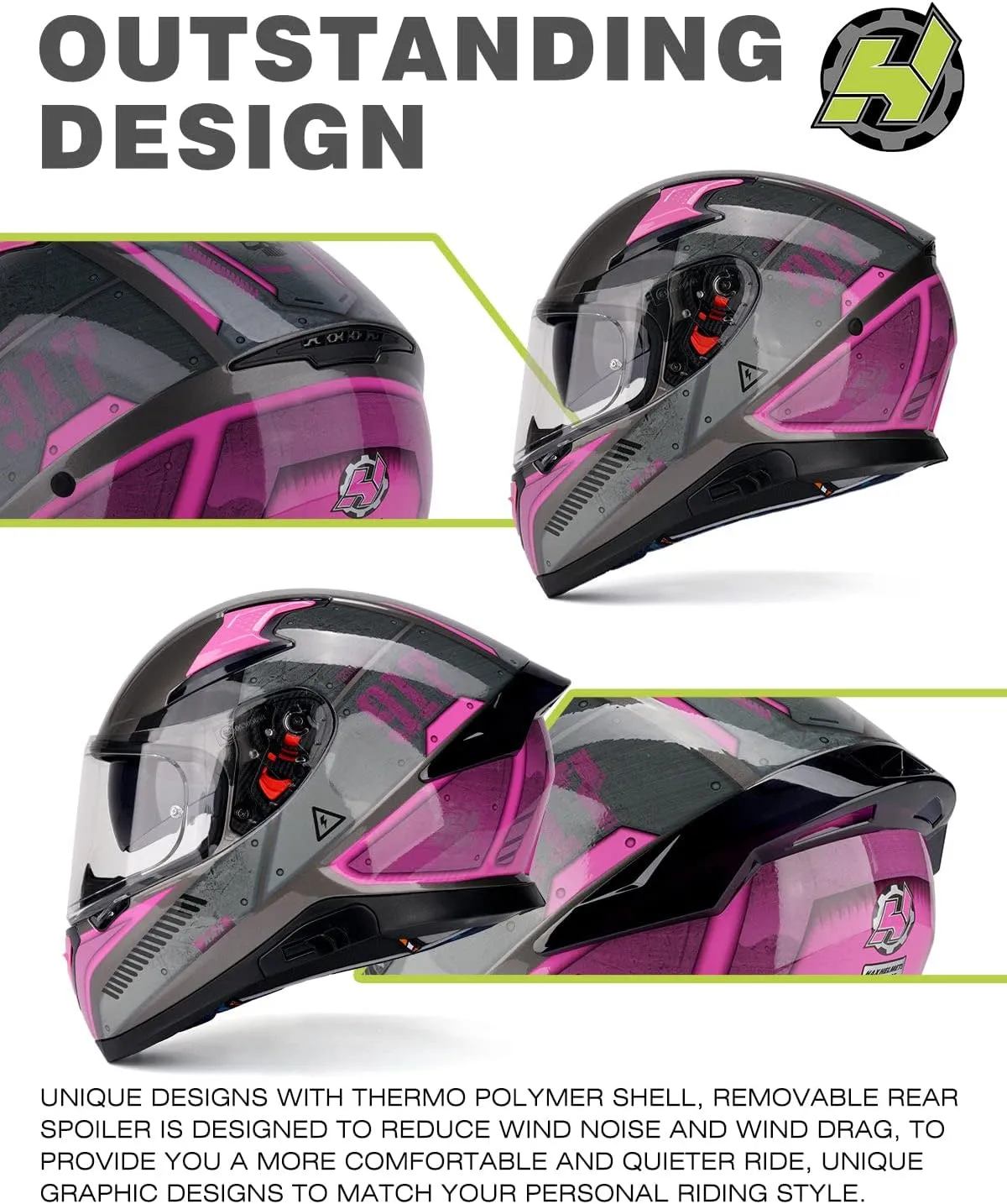 HAX Full Face Motorcycle DOT Approved Helmet with Dual Rear Wing and Pinlock Ready - Lightweight and Durable Motorbike Street Bike Helmet for Adults (Impulse Droid Pink,M)