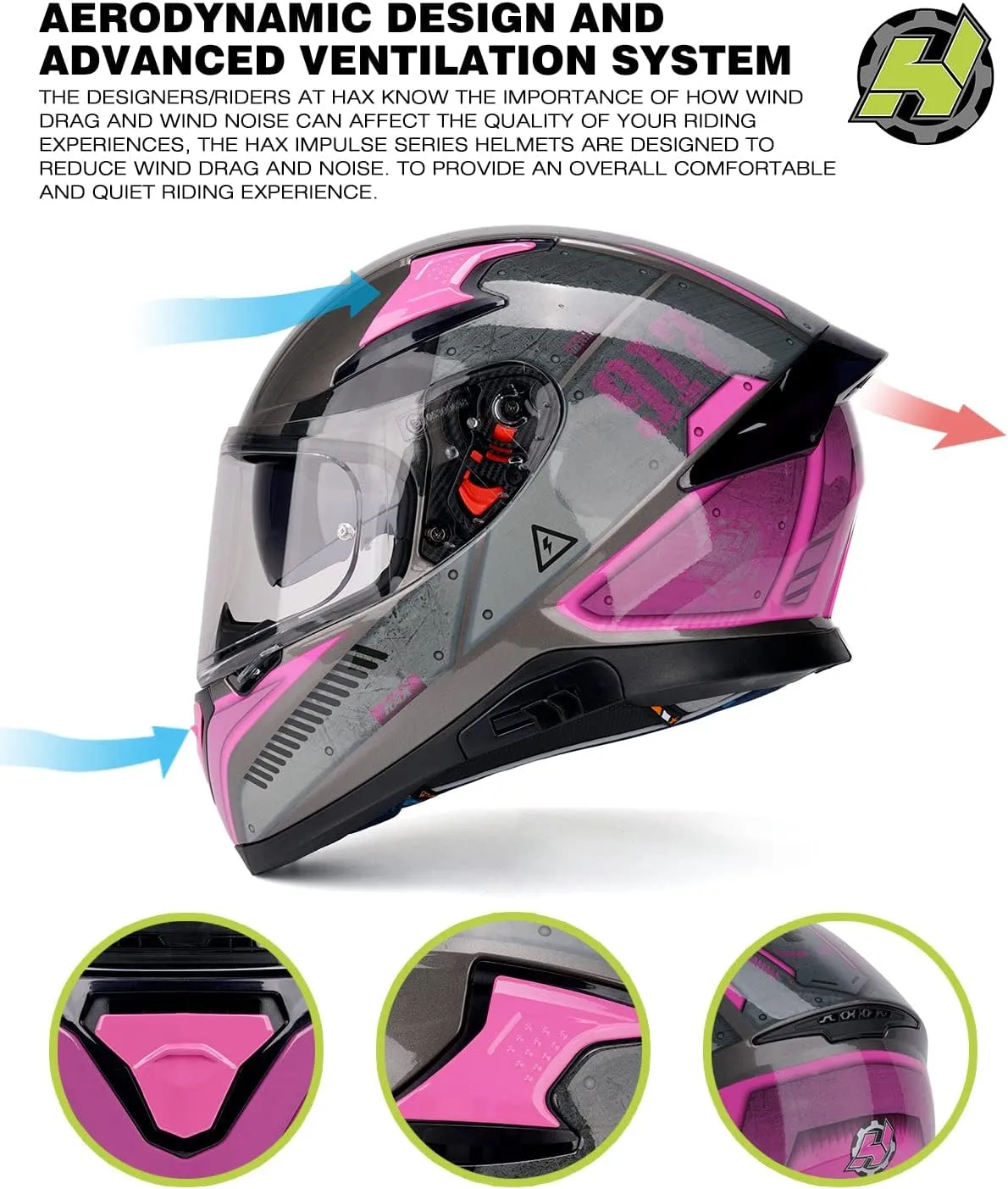 HAX Full Face Motorcycle DOT Approved Helmet with Dual Rear Wing and Pinlock Ready - Lightweight and Durable Motorbike Street Bike Helmet for Adults (Impulse Droid Pink,M)