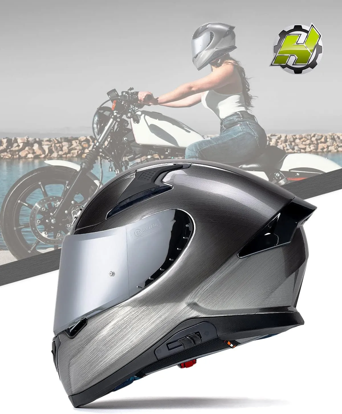 HAX Full Face Motorcycle DOT Approved Helmet with Dual Rear Wing and Pinlock Ready - Lightweight and Durable Motorbike Street Bike Helmet for Adults (Mercury, L)