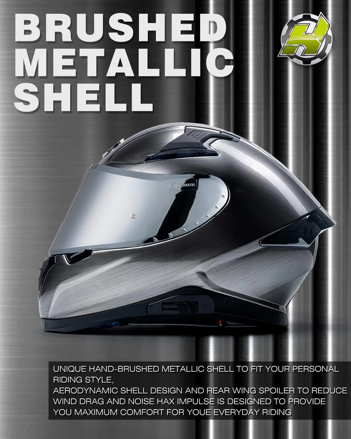HAX Full Face Motorcycle DOT Approved Helmet with Dual Rear Wing and Pinlock Ready - Lightweight and Durable Motorbike Street Bike Helmet for Adults (Mercury, L)