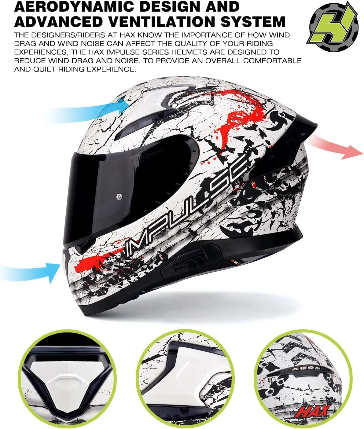 HAX Full Face Motorcycle DOT Approved Helmet with Dual Rear Wing and Pinlock Ready - Lightweight and Durable Motorbike Street Bike Helmet for Adults (Scorpion,M)