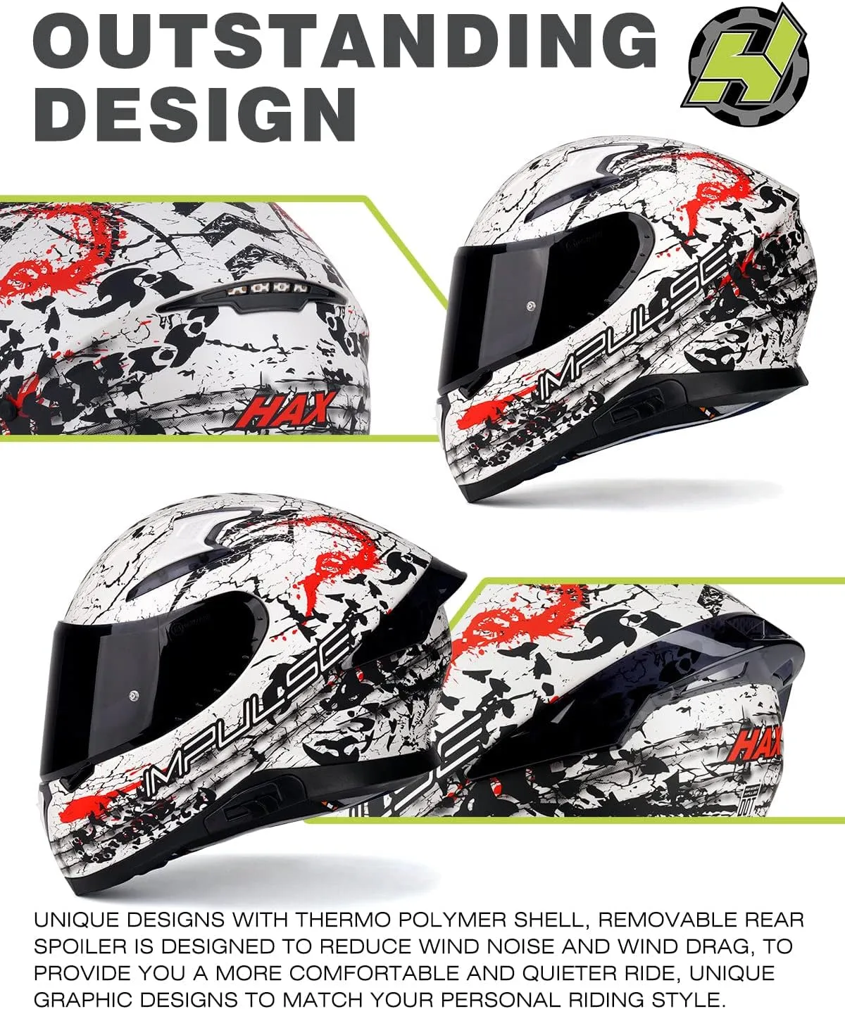 HAX Full Face Motorcycle DOT Approved Helmet with Dual Rear Wing and Pinlock Ready - Lightweight and Durable Motorbike Street Bike Helmet for Adults (Scorpion,M)