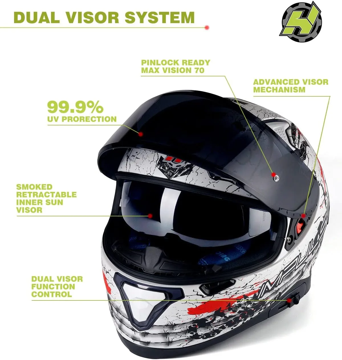 HAX Full Face Motorcycle DOT Approved Helmet with Dual Rear Wing and Pinlock Ready - Lightweight and Durable Motorbike Street Bike Helmet for Adults (Scorpion,M)