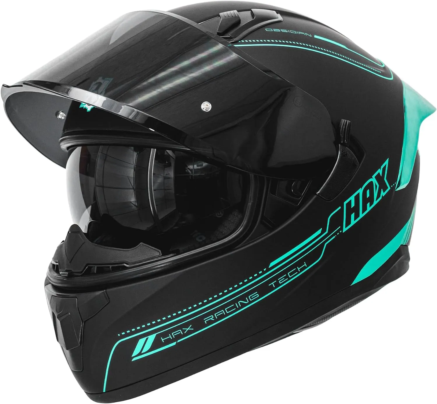 HAX Obsidian Full Face Dual Visor Adult Motorcycle Helmet for Motorbike Street Bike with Pinlock Ready DOT Approved Matte Black Aqua XL