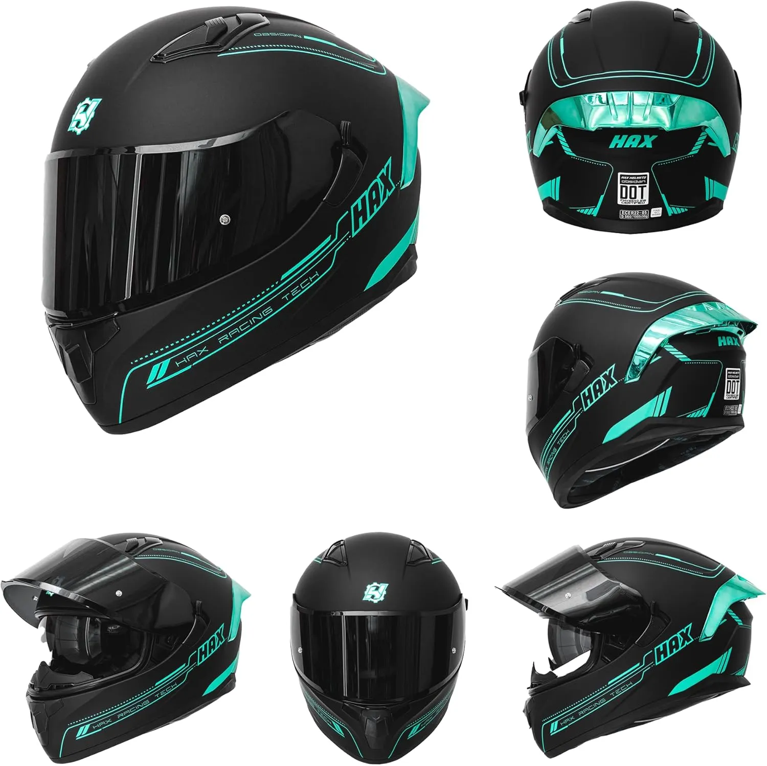 HAX Obsidian Full Face Dual Visor Adult Motorcycle Helmet for Motorbike Street Bike with Pinlock Ready DOT Approved Matte Black Aqua XL