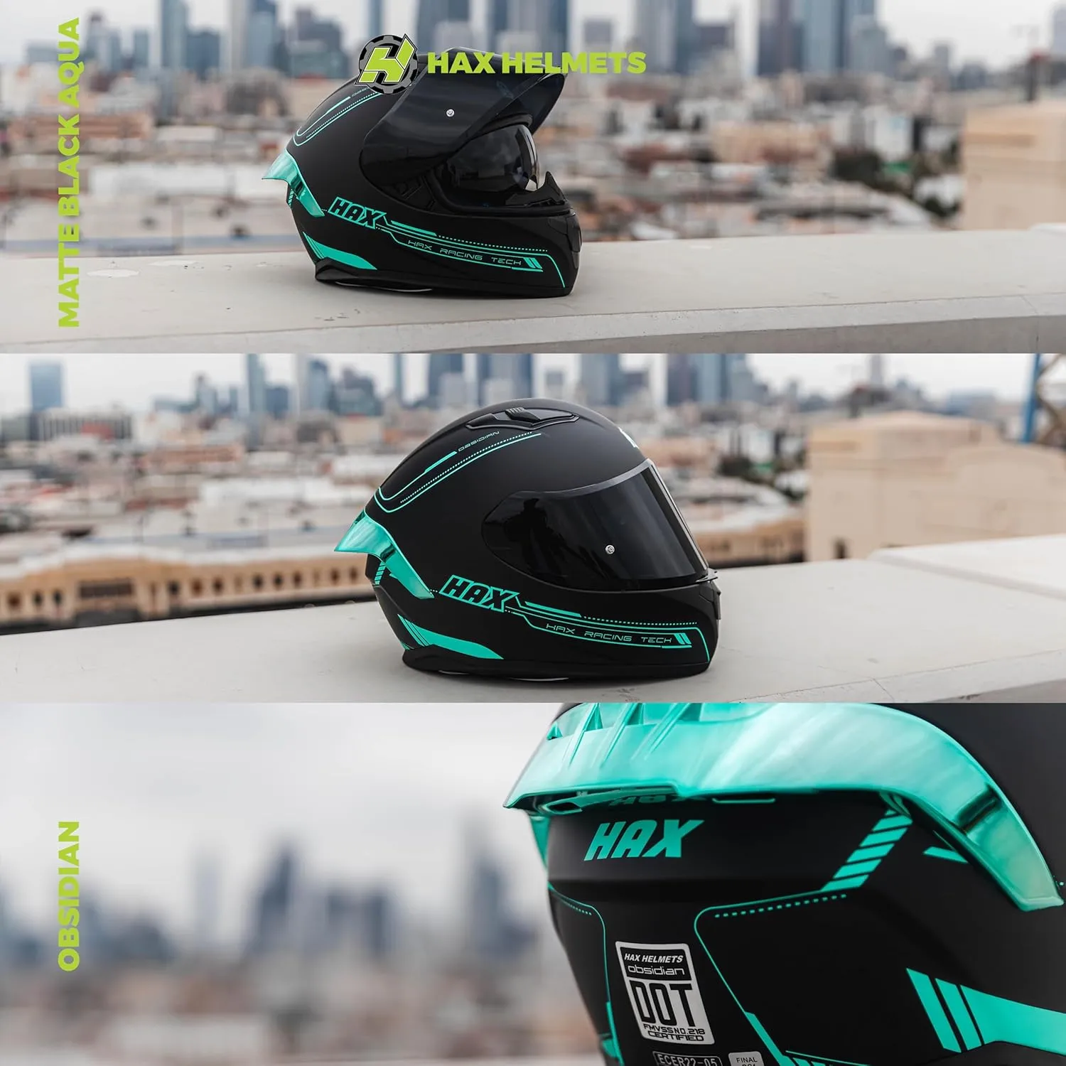HAX Obsidian Full Face Dual Visor Adult Motorcycle Helmet for Motorbike Street Bike with Pinlock Ready DOT Approved Matte Black Aqua XL