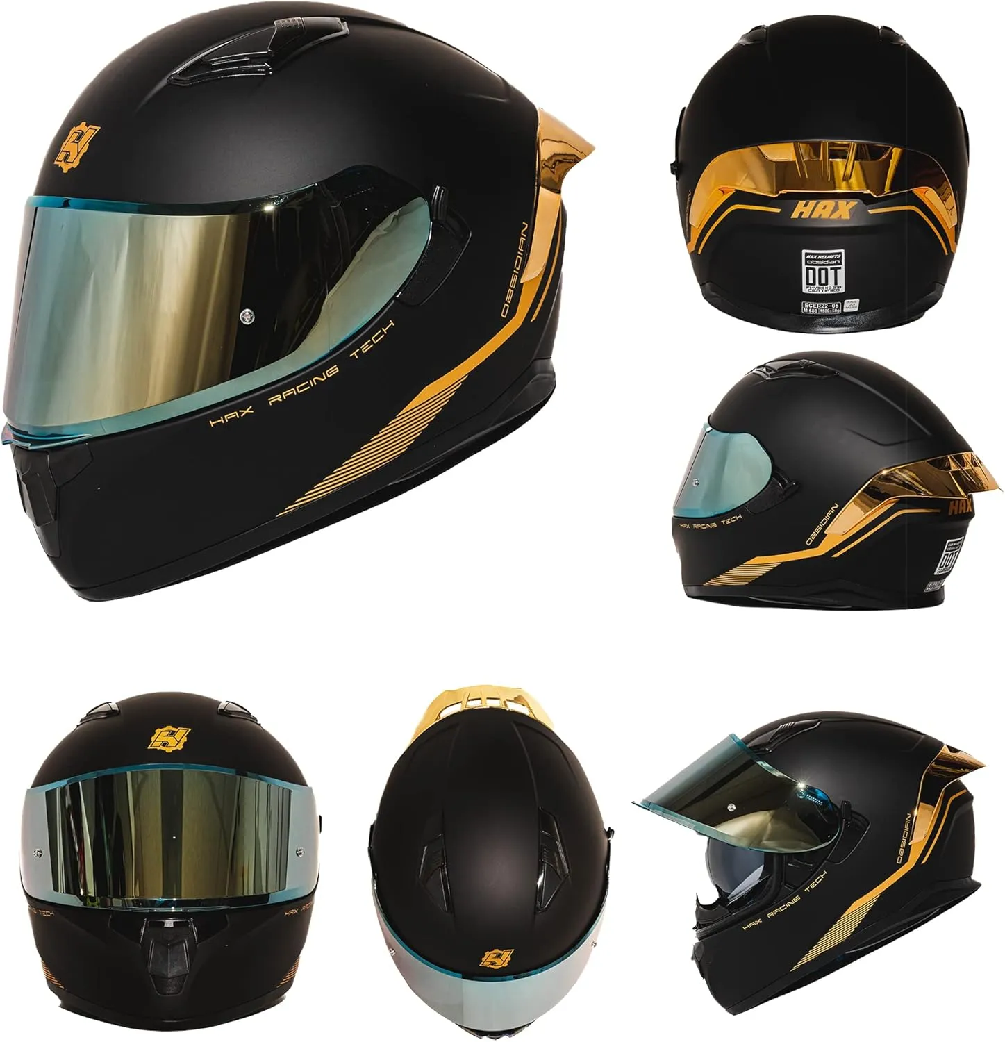 HAX Obsidian Full Face Dual Visor Adult Motorcycle Helmet for Motorbike Street Bike with Pinlock Ready DOT Approved Matte Black Gold L