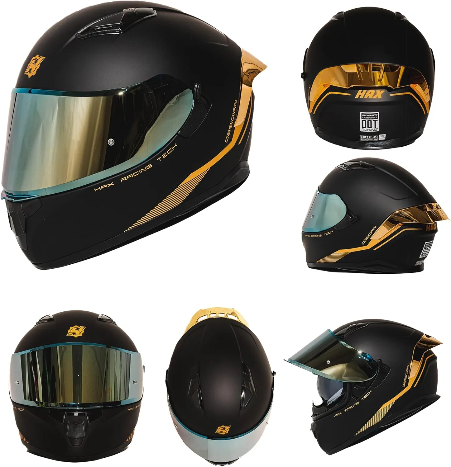HAX Obsidian Full Face Dual Visor Adult Motorcycle Helmet for Motorbike Street Bike with Pinlock Ready DOT Approved Matte Black Gold L