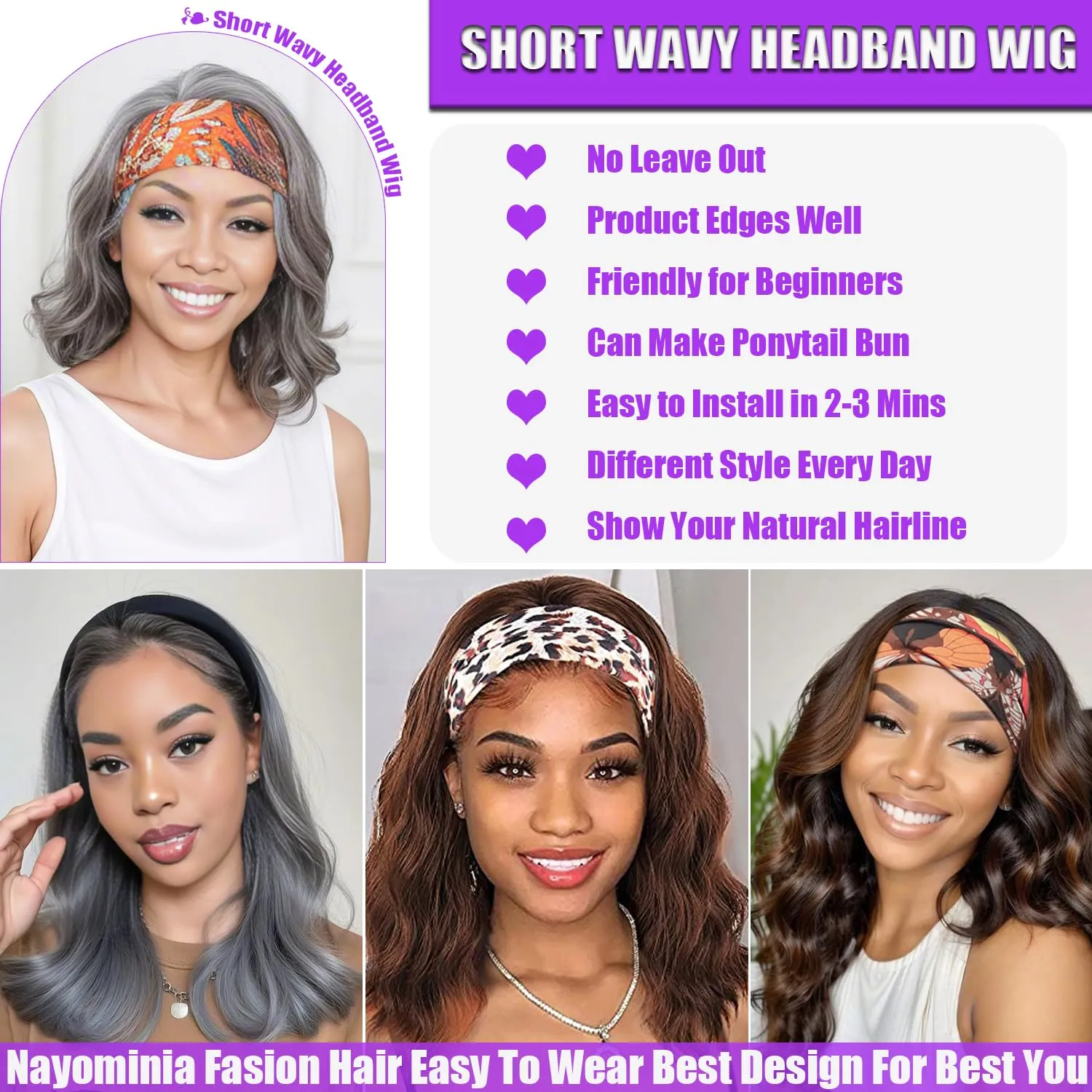 Headband Wigs For Black Women Short Wavy Headband Wig 14 Inch Natural Black Glueless Wig Heat Resistant Fibers Synthetic Hair Easy Wear
