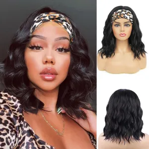 Headband Wigs For Black Women Short Wavy Headband Wig 14 Inch Natural Black Glueless Wig Heat Resistant Fibers Synthetic Hair Easy Wear