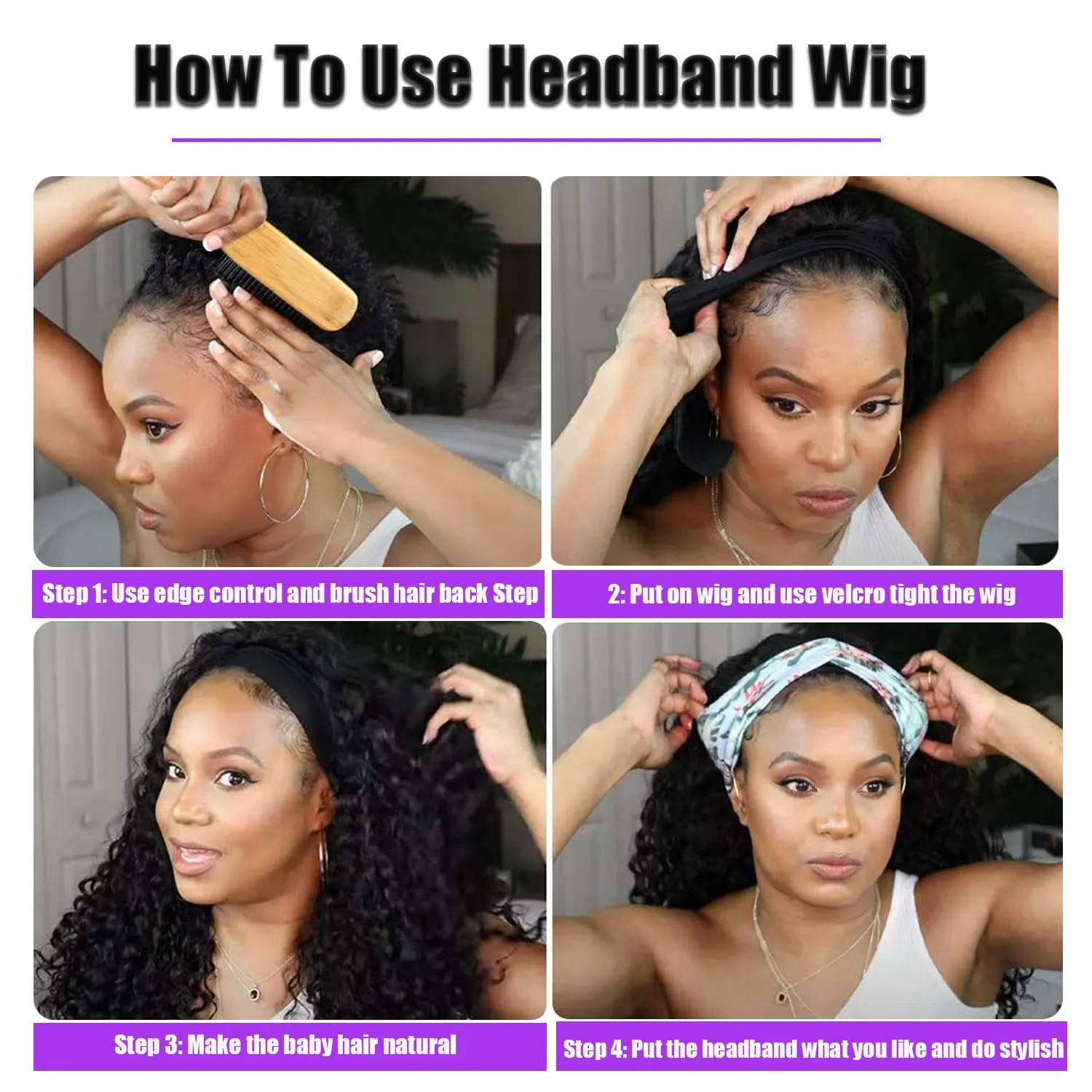 Headband Wigs For Black Women Short Wavy Headband Wig 14 Inch Natural Black Glueless Wig Heat Resistant Fibers Synthetic Hair Easy Wear