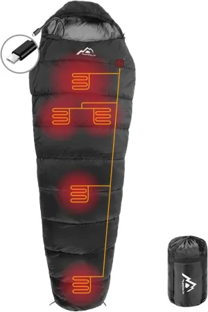 Heated Sleeping Bag 5pcs Multi USB Power Support Heating Pads,Operated with Battery Power Bank or Other USB Power Supplies, Portable Compact Bag, Mummy Style.
