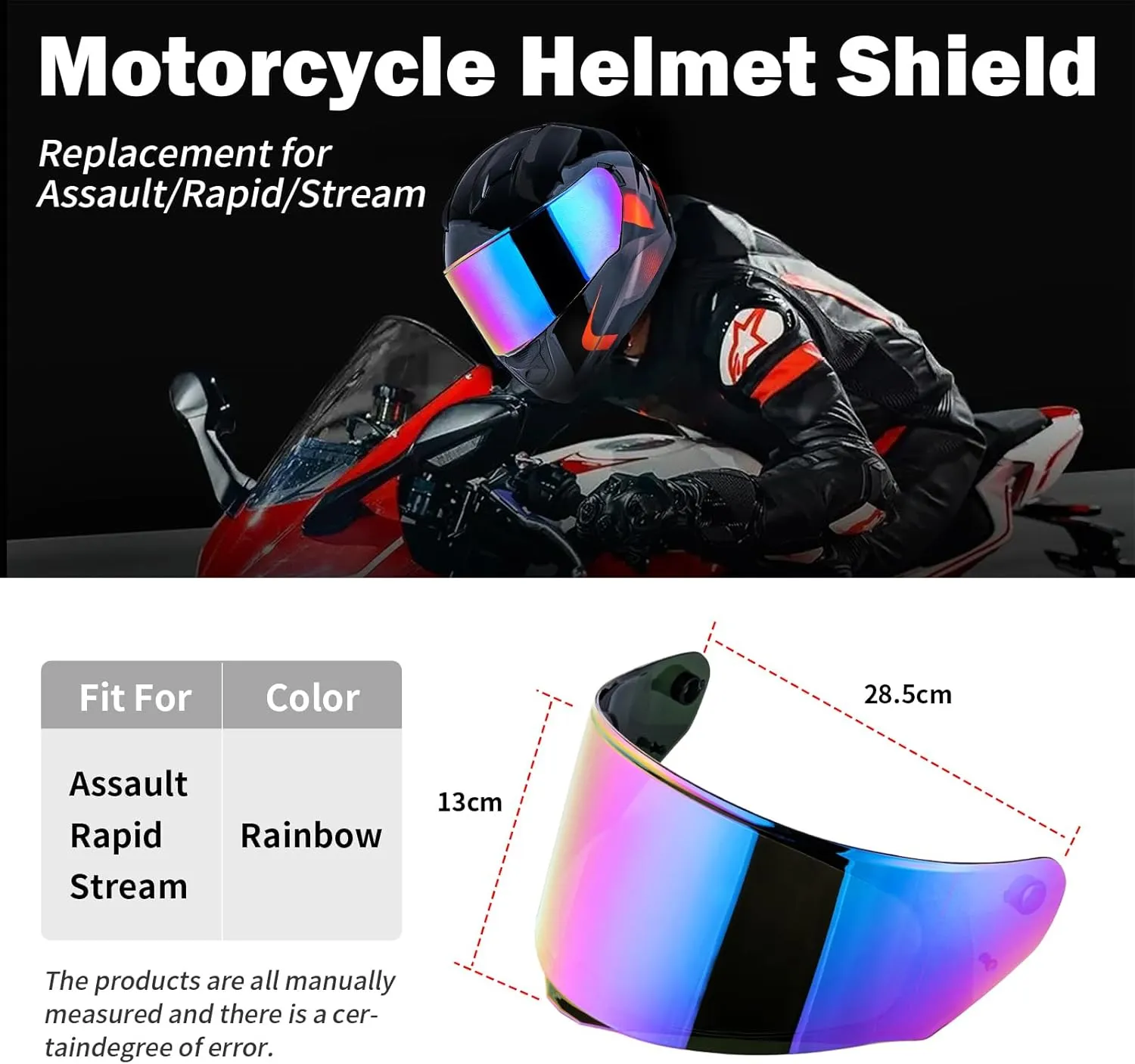 Helmet Shield For Assault/Rapid/Stream Full Face Shield Street Motorcycle Helmet Visor Replacement (Rainbow)