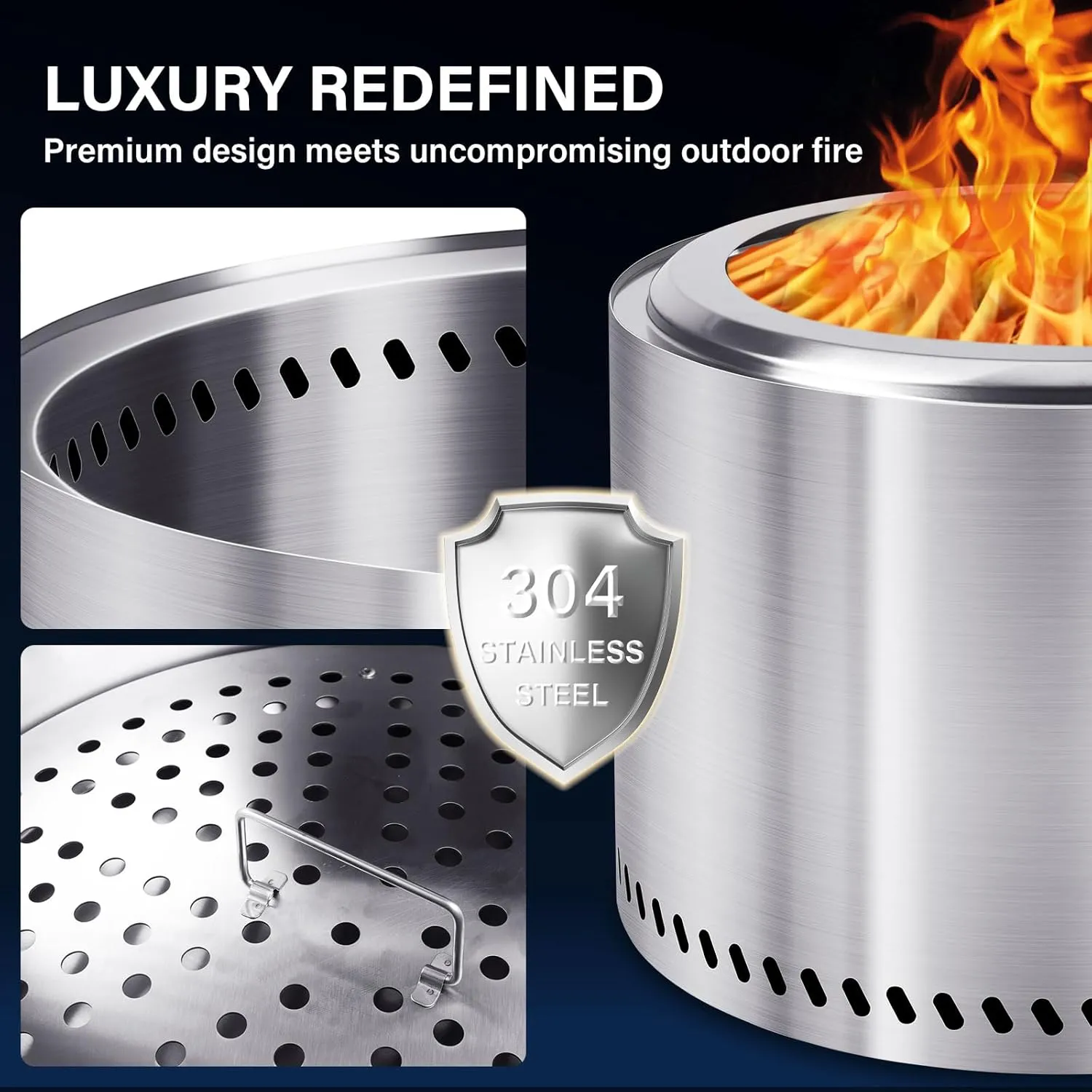 HGD 27.5" Smokeless Fire Pit Outdoor, Stainless Steel Wood Burning Firepit with Secondary Combustion, Backyard Patio Stove for Garden, BBQ & Bonfire