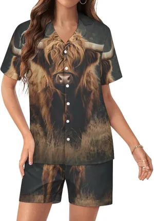 Highland Cow Women's Satin Pajama Set Short Sleeve Button Down Sleepwear Loungewear Pj Set
