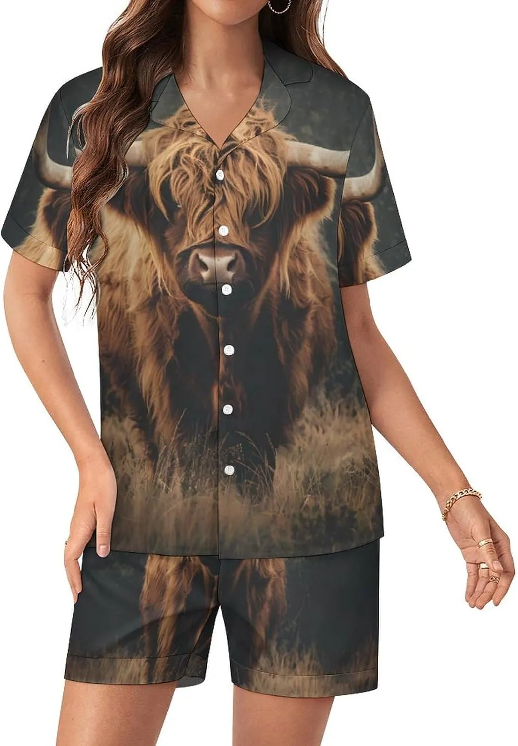Highland Cow Women's Satin Pajama Set Short Sleeve Button Down Sleepwear Loungewear Pj Set