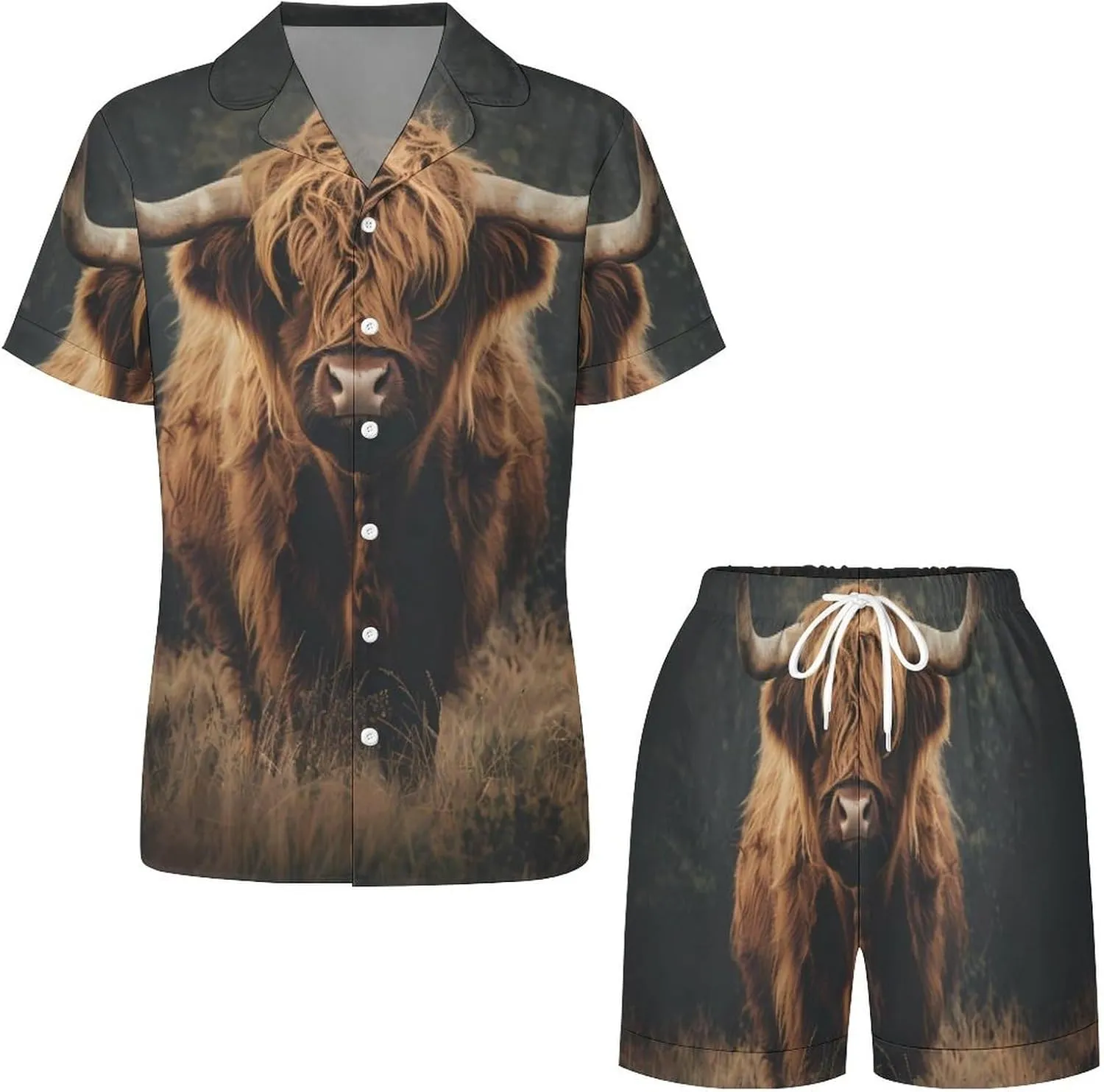 Highland Cow Women's Satin Pajama Set Short Sleeve Button Down Sleepwear Loungewear Pj Set