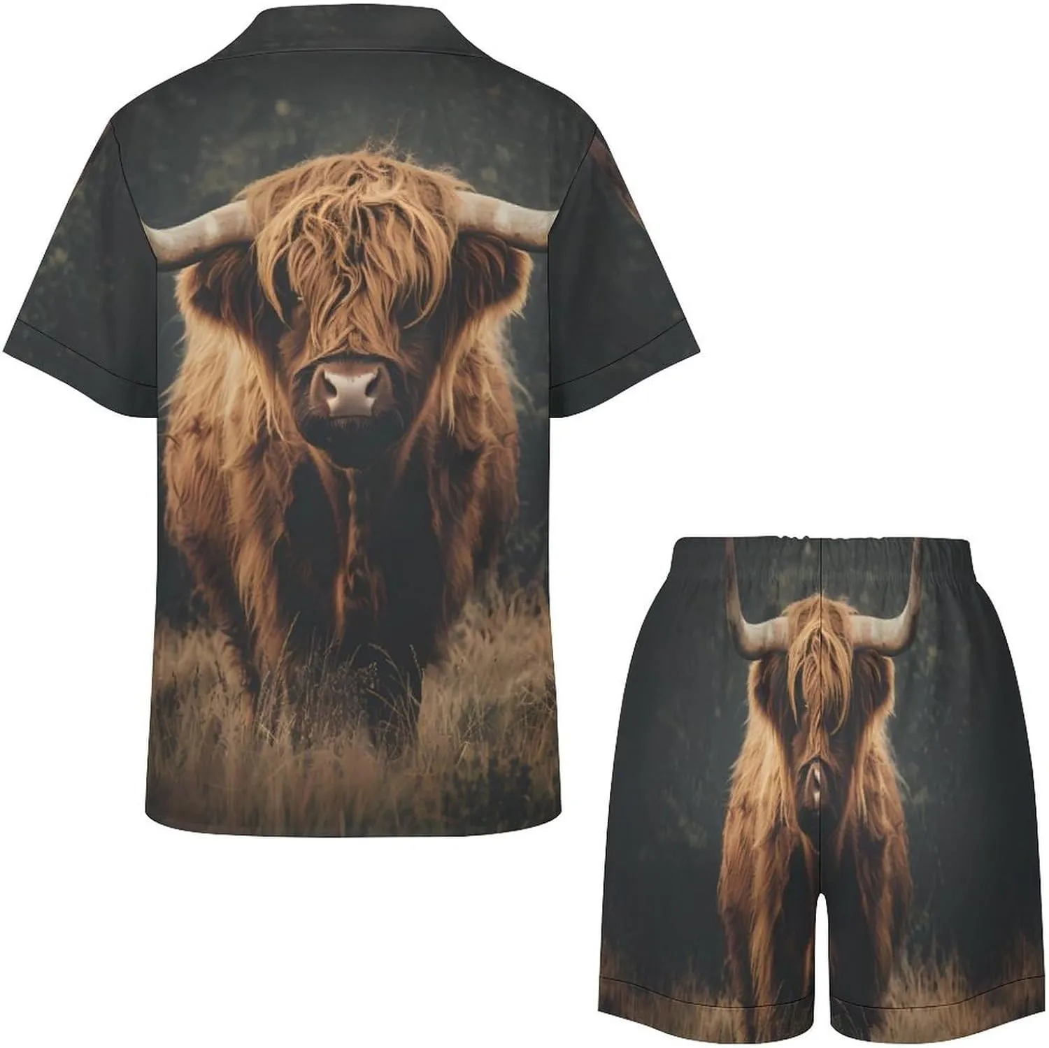 Highland Cow Women's Satin Pajama Set Short Sleeve Button Down Sleepwear Loungewear Pj Set