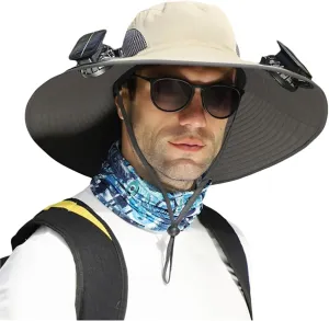 HISKI Wide Brim Solar Fan Hat, Sunscreen Fisherman Hat with 2 Detachable Solar Fans Solar Fan Hats for Men Women