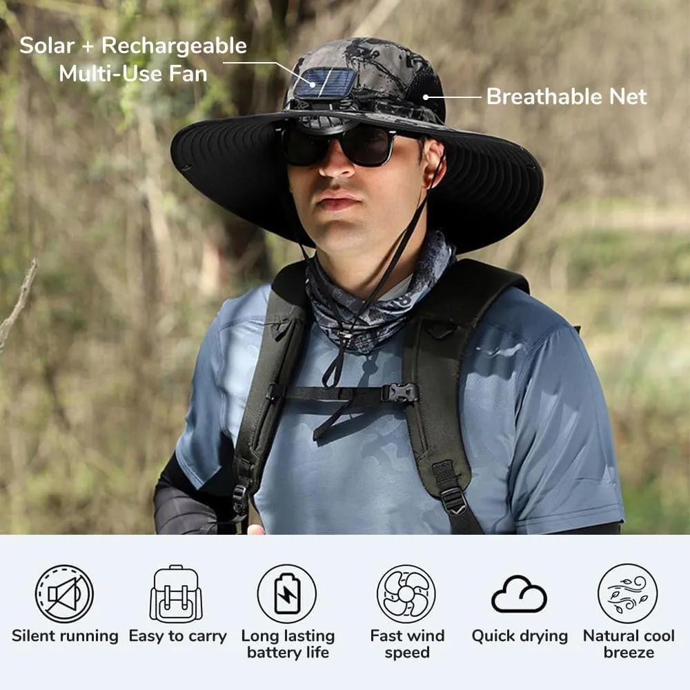 HISKI Wide Brim Solar Fan Hat, Sunscreen Fisherman Hat with 2 Detachable Solar Fans Solar Fan Hats for Men Women