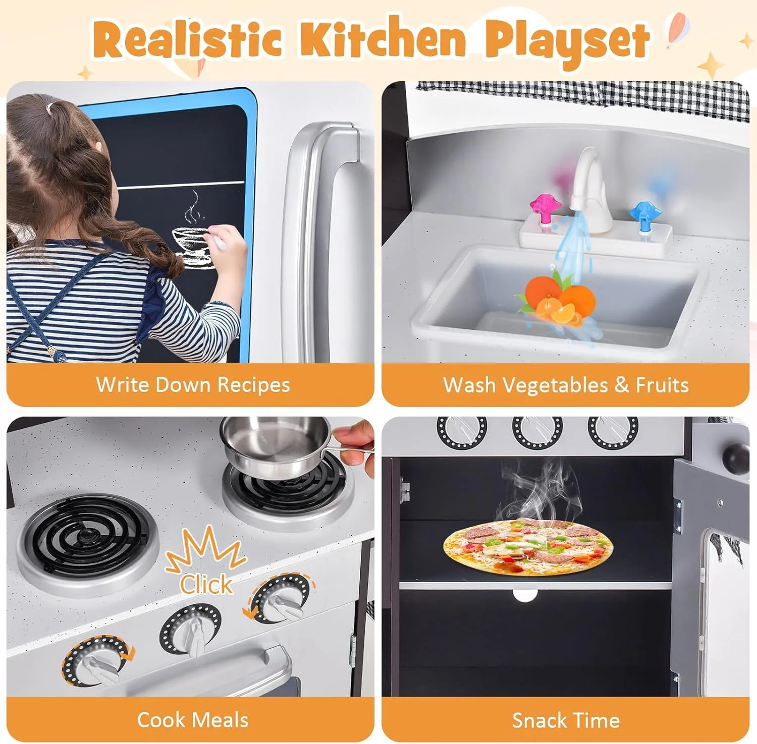 HONEY JOY Kids Kitchen Playset, Wooden Little Chef Pretend Toy Set, Microwave, Stove, Sink, Faucet, Storage Cabinet & Shelf, Curtain, Play Kitchen for Toddlers, Gift for Boys Girls 3 , Black